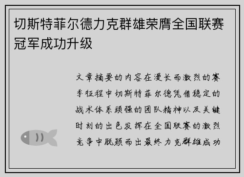 切斯特菲尔德力克群雄荣膺全国联赛冠军成功升级